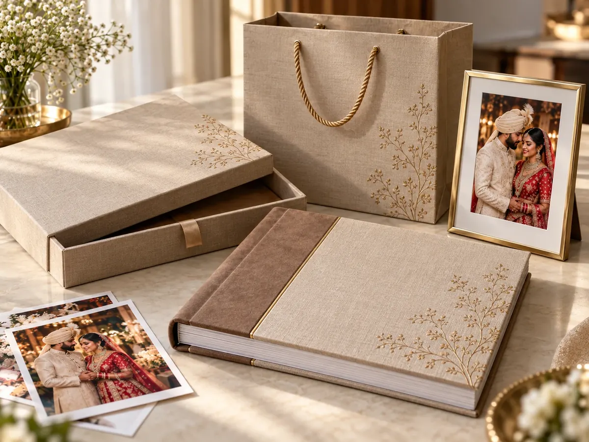 Linen wedding album with velvet spine, matching presentation box, gift bag and framed print with gold botanical embossing