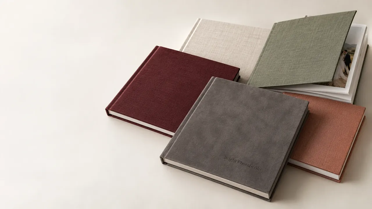 Bright Photobook albums in burgundy linen, grey suede, sage, natural and terracotta covers, one open on a wedding photograph