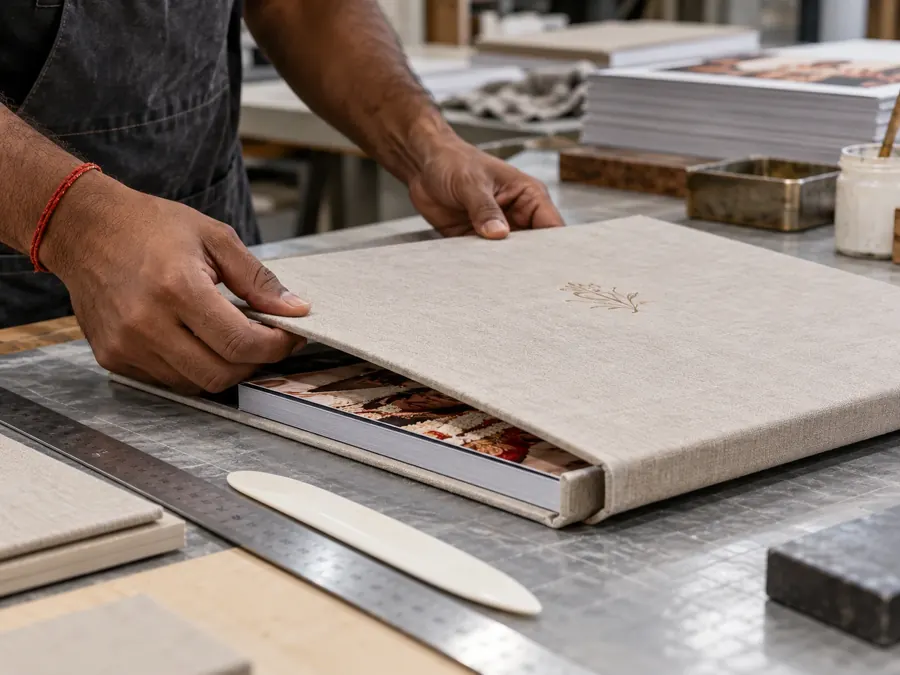 Bookbinder fitting a linen album cover with a debossed botanical motif over the bound wedding album pages