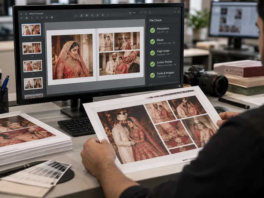 Prepress operator checking a wedding album PDF for resolution, bleed, page order and colour profile, with a printed proof in hand