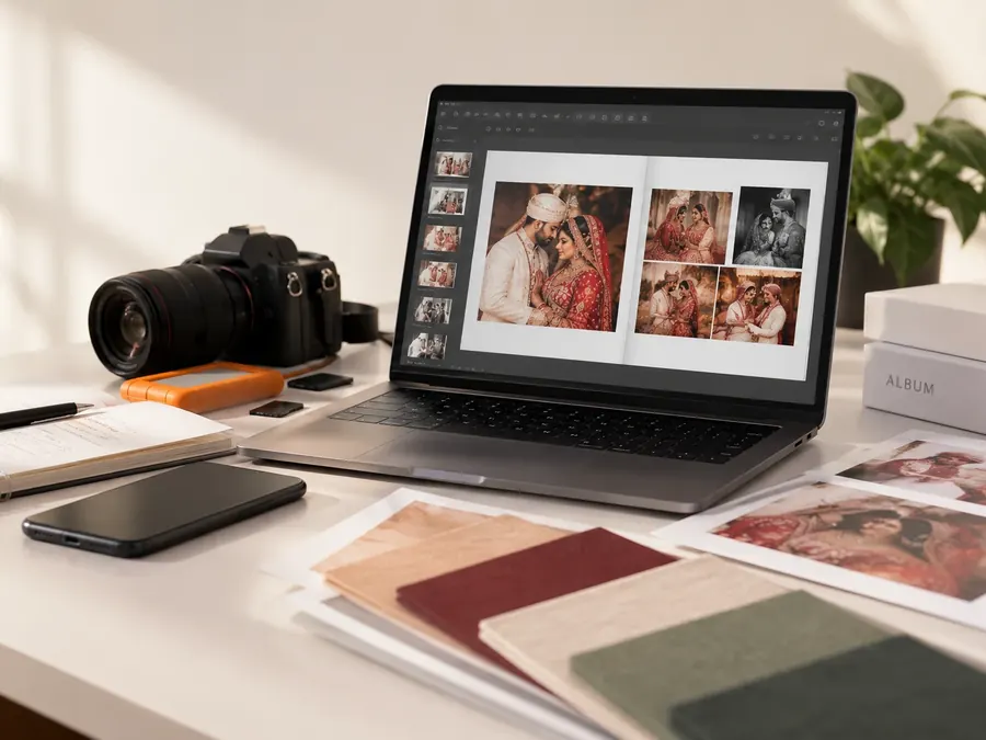 Photographer's desk with a laptop showing a wedding album layout, camera, memory cards and cover material swatches