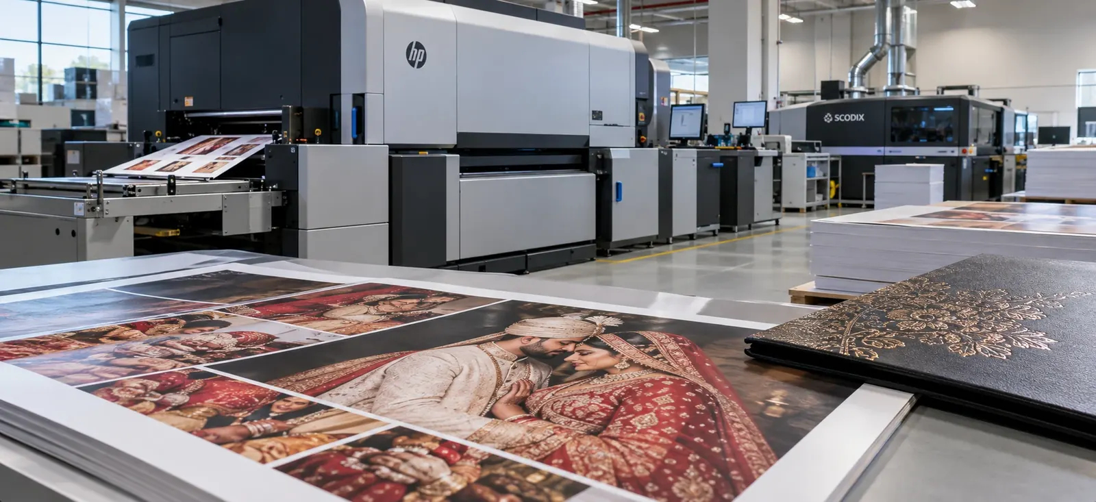 HP Indigo digital press printing wedding album spreads, with a Scodix enhancement press and an embossed album cover in the foreground
